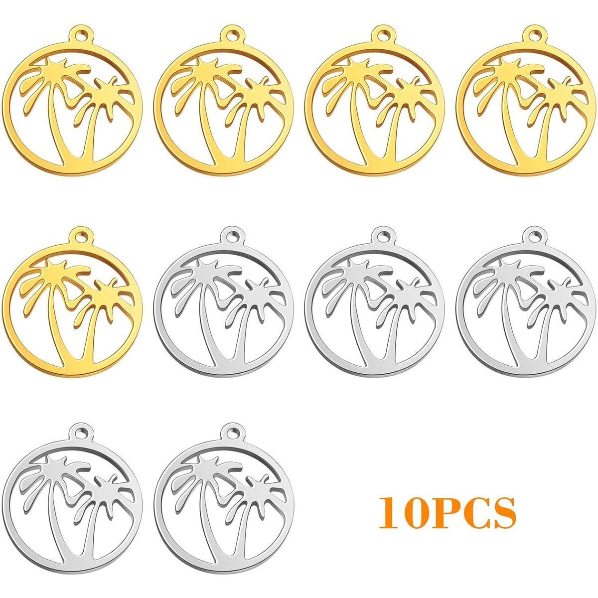 10pcs 2 Colors Stainless Steel Round Ring with Coconut Tree Charms Hypoallergenic Hawaii Tropical Plant Tree Pendants for DIY Necklace Bracelet Keychains Jewelry Making
