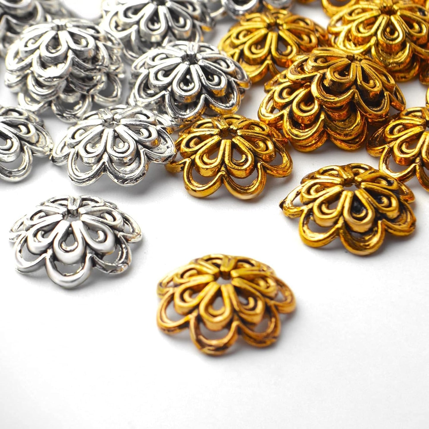 100pcs Flower Shape Alloy Filigree Hollow Bead End Caps, Jewelry Spacers Caps for Bracelet, Earrings, Crafts Making Supplies
