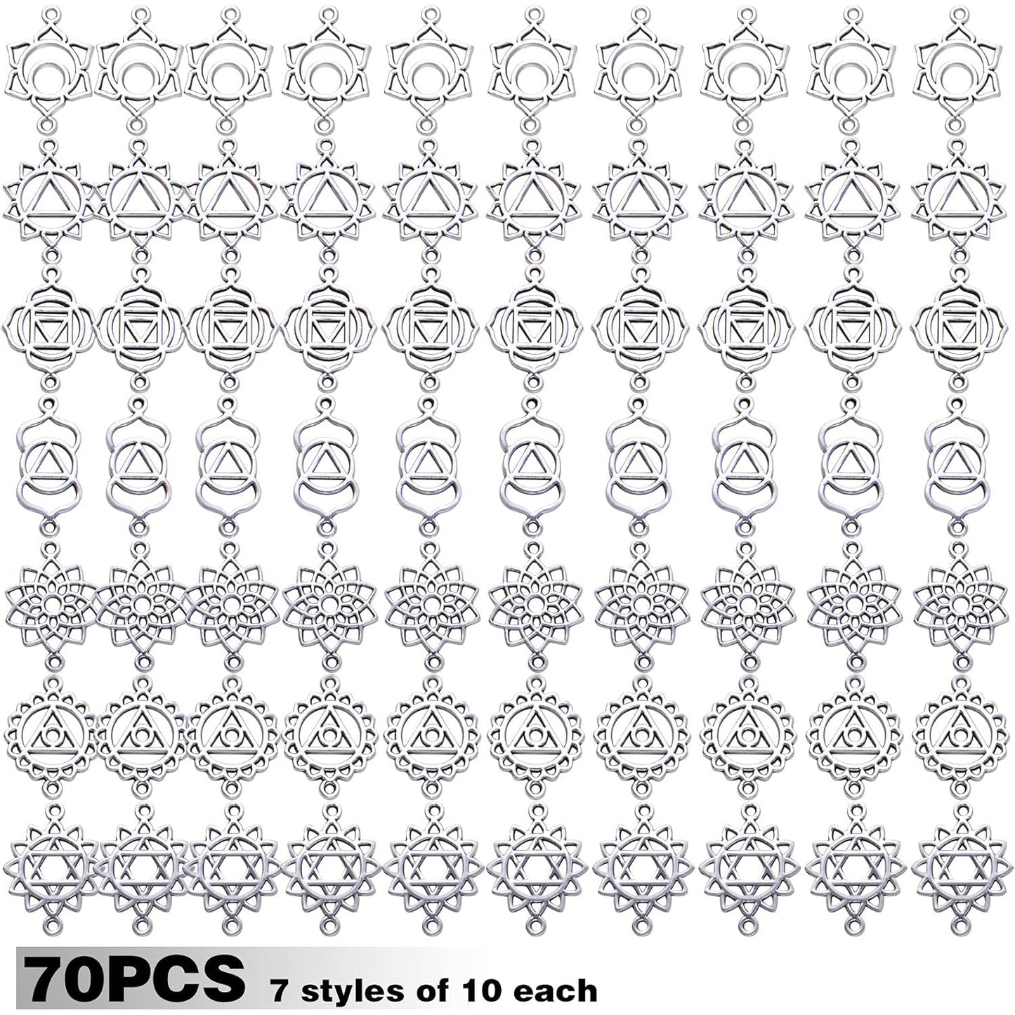 70pcs Antique Silver Chakra Energy Charms Connectors Tibetan Alloy Hollow Flower Chakra Pendants Charms Craft Supplies for DIY Bracelet Necklace Earring Jewelry Making Accessories, 7 Styles