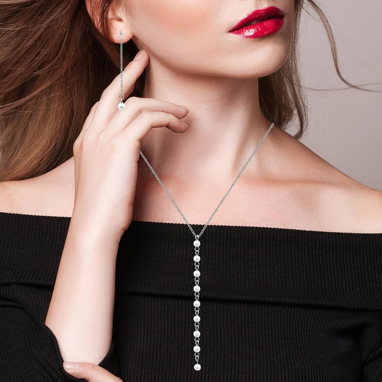 1pcs Stainless Steel Pearls Pendant Necklace and 1 Pair Long Tassel Pearl Dangle Earring Studs Jewelry Set for Women Brides Bridesmaids Birthday Wedding Gifts