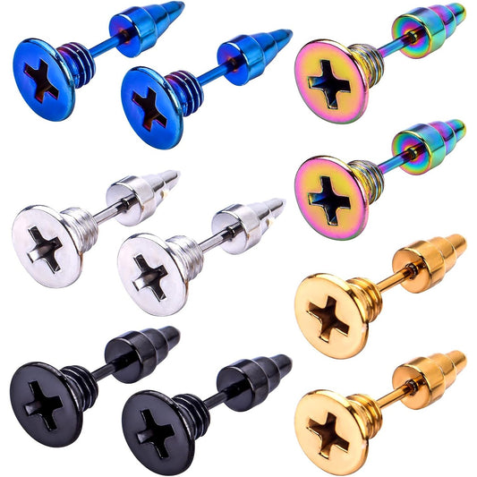 Screw Earring Studs, 5 Pairs Unisex Stainless Steel Piercing Cross Screws Hoop Clip on Earrings Punk Hip Hop Earrings Tragus Cartilage Ear Stud for Men Women, 5 Colors
