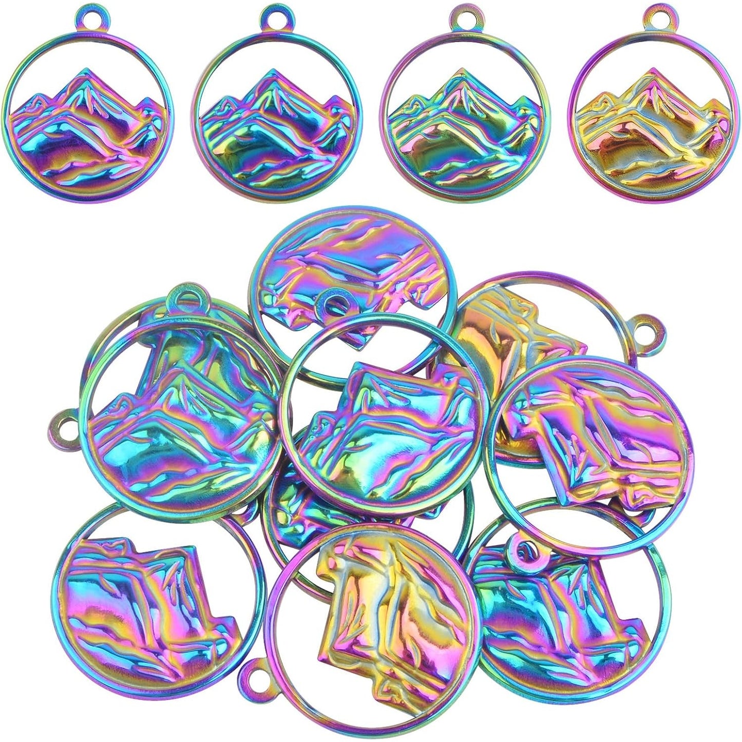 10pcs Stainless Steel Flat Round Mountain Range Charms Hypoallergenic Hollow Sea Mountain Dangle Pendants for DIY Necklace Bracelet Crafts Jewelry Making, Rainbow Color