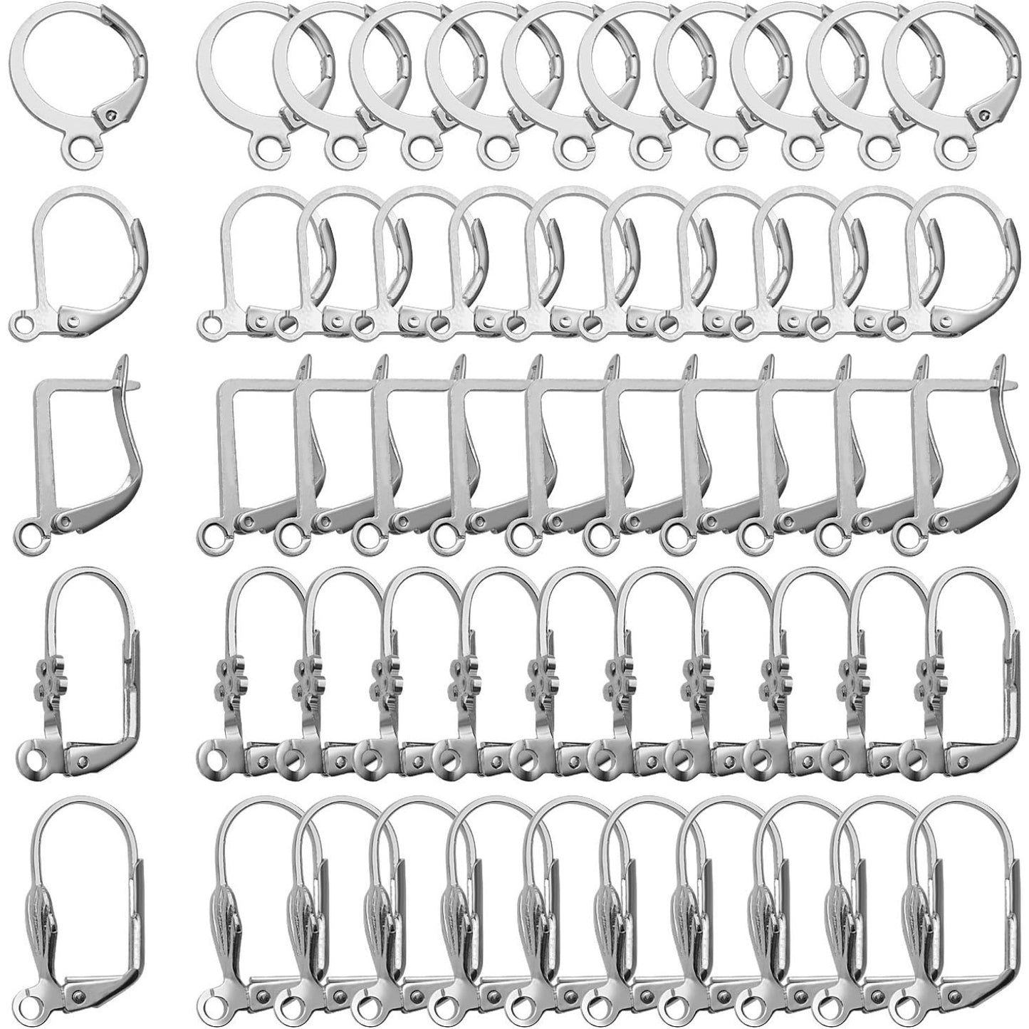 50pcs Silver Hypoallergenic French Earring Hooks Brass Lever Back Earring French Hook Ear Wire with Open Loop for Earring Designs Jewelry Making Supplies, 5 Styles