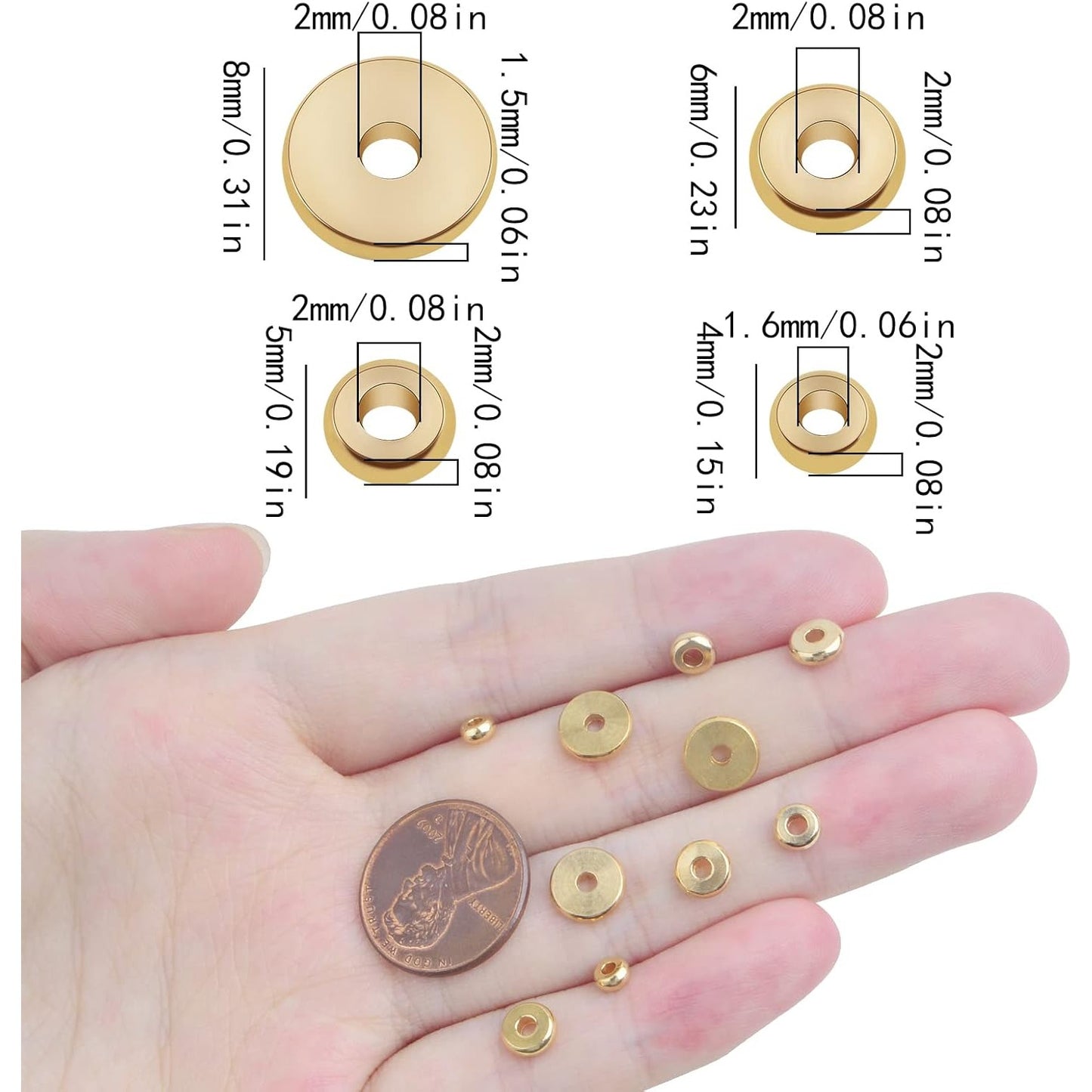 80pcs Brass Flat Round Spacer Beads Hypoallergenic Tiny Disc Loose Charm Beads Accessories for DIY Bracelet Necklace Jewelry Making Supplies, 4mm/5mm/6mm/8mm