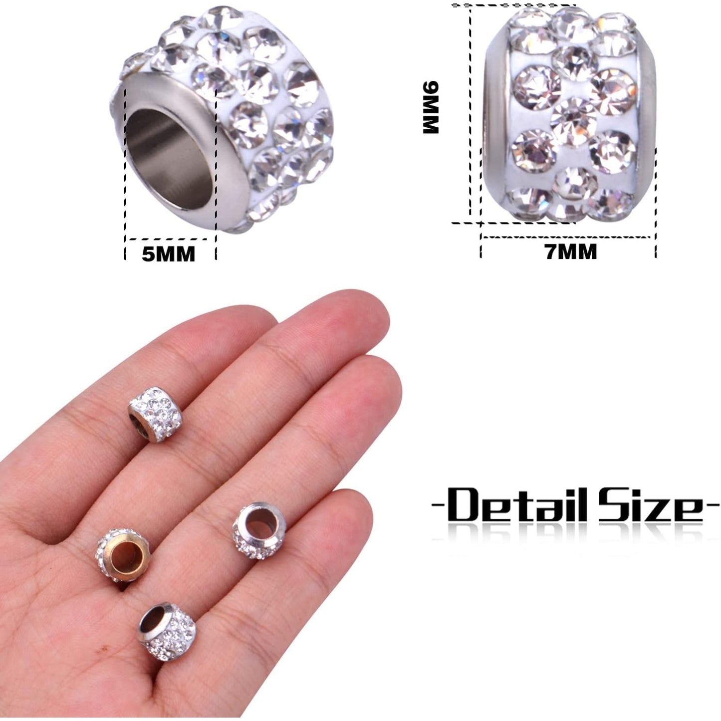 40pcs Crystal Rhinestone European Beads, Large Hole Rondelle Spacer Beads Loose Beads for DIY Charm Bracelet Snake Chain Crafts Jewelry Making Accessories, Hole: 5 mm