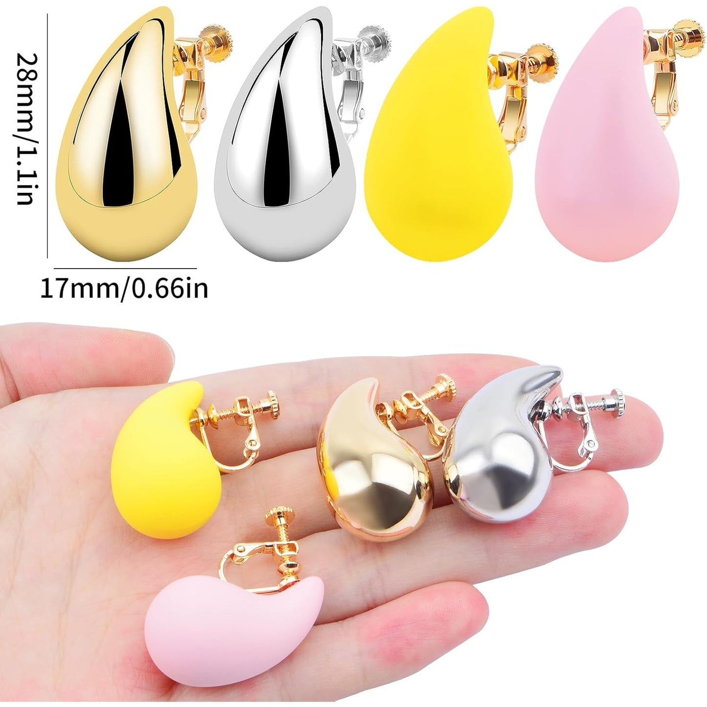 4 Pairs Acrylic Drop Clip-on Earrings Brass No Holes Chunky Waterdrop-shaped Screw Earring Clips Components for Women Non Pierced Ears Earrings Jewelry Making, 4 Colors