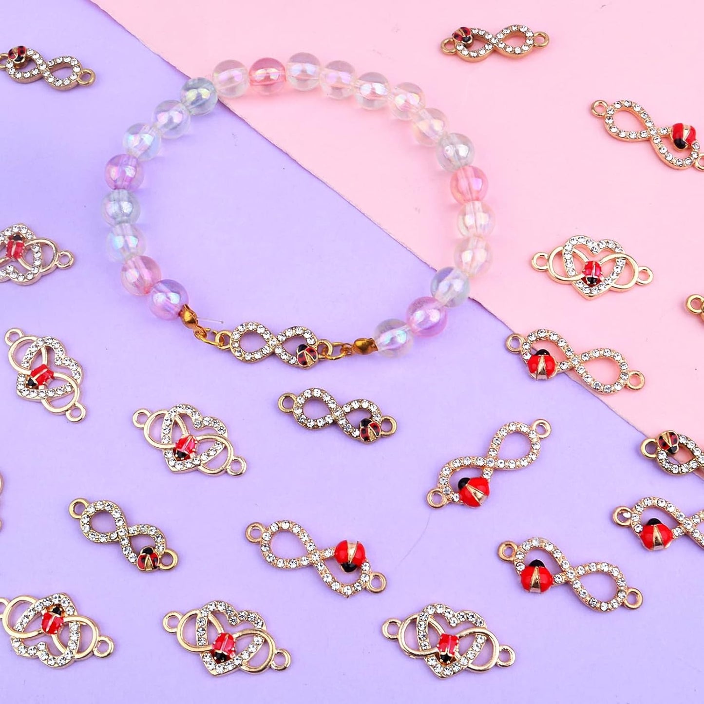 30pcs Infinity Symbol Connector Charms Alloy 8 Character Rhinestone Ladybug Flying Insect Pendant Links Jewelry Findings DIY Bracelet Necklace Keychain Crafts Decor, 3 Styles