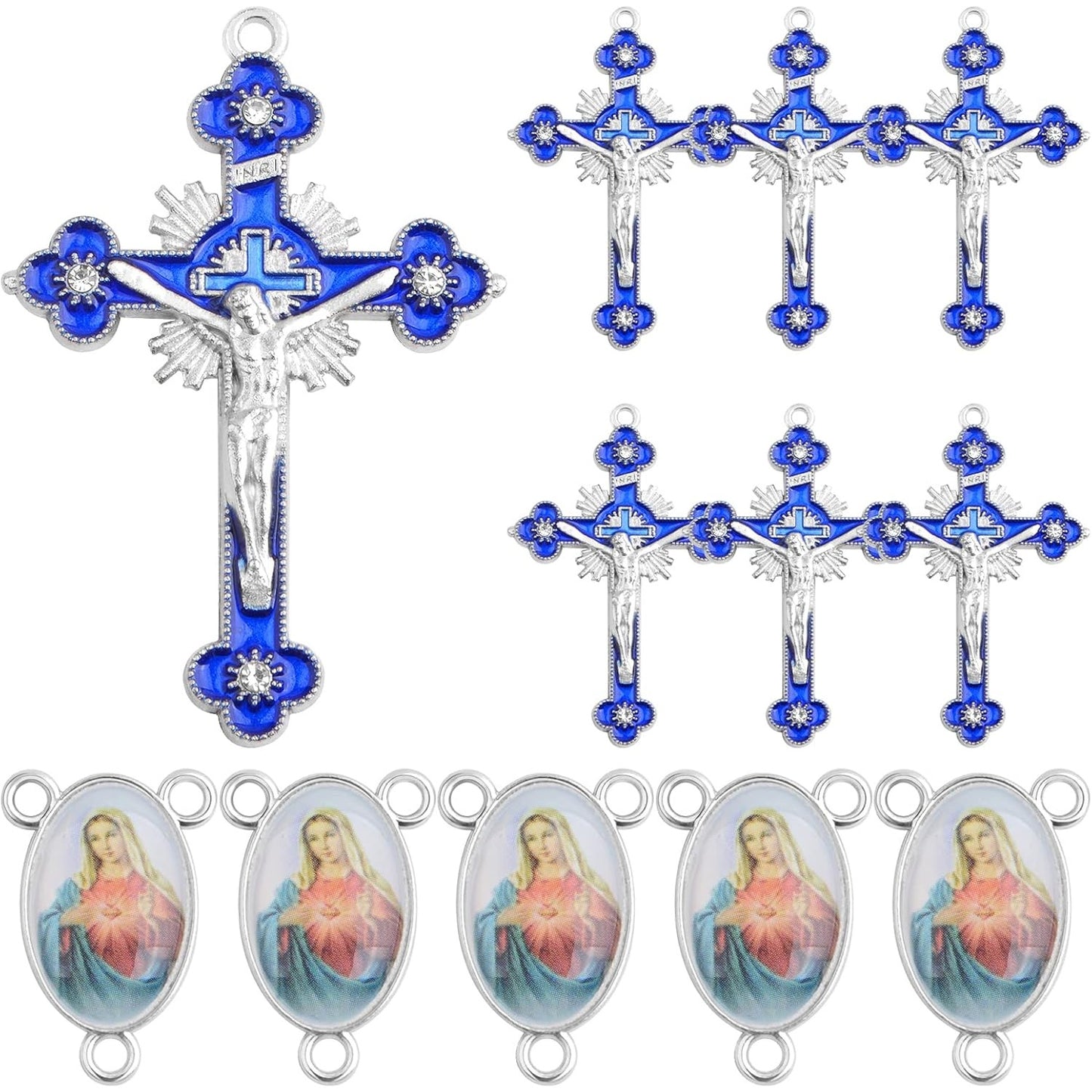 20pcs/10 Sets Catholic Rosary Cross and Center Miraculous Medal Charms Alloy Enamel Cross Crucifix Pendants Picture Jesus Our Lady Chandelier Links for Rosary Beads Necklace Jewelry Making