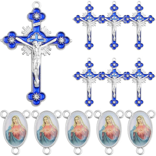 20pcs/10 Sets Catholic Rosary Cross and Center Miraculous Medal Charms Alloy Enamel Cross Crucifix Pendants Picture Jesus Our Lady Chandelier Links for Rosary Beads Necklace Jewelry Making