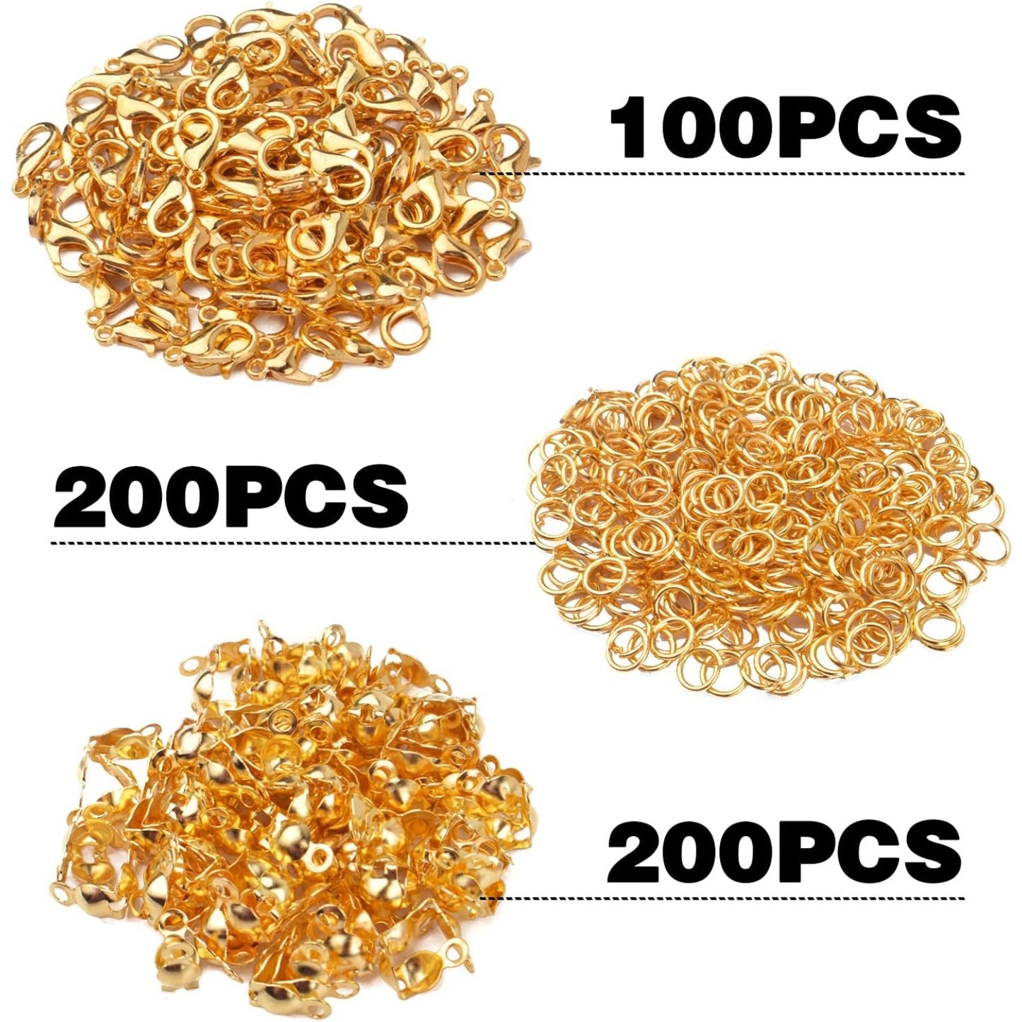 500pcs Jewelry Making Accessories Kit, 200pcs Knot Covers Clamshell Fold-Over Bead Tips 100pcs Lobster Claw Clasps and 200pcs Open Jump Rings Connectors for Jewelry Making Supplies, Gold
