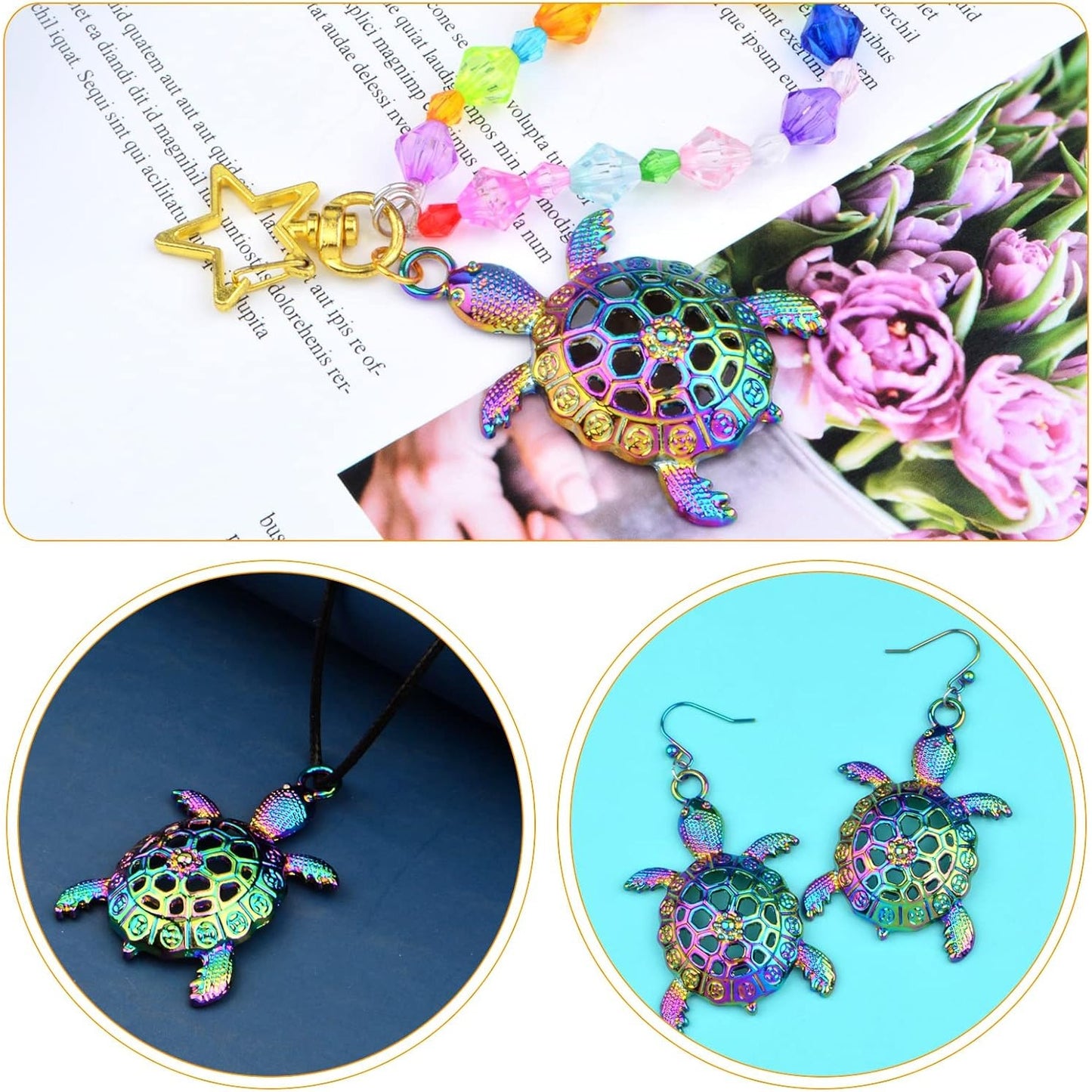 6 Pieces Rainbow Color Large Sea Turtle Charms Alloy Hollow Ocean Animal Turtle Tortoise Shape Dangle Pendants for DIY Necklace Bracelet Jewelry Making Supplies
