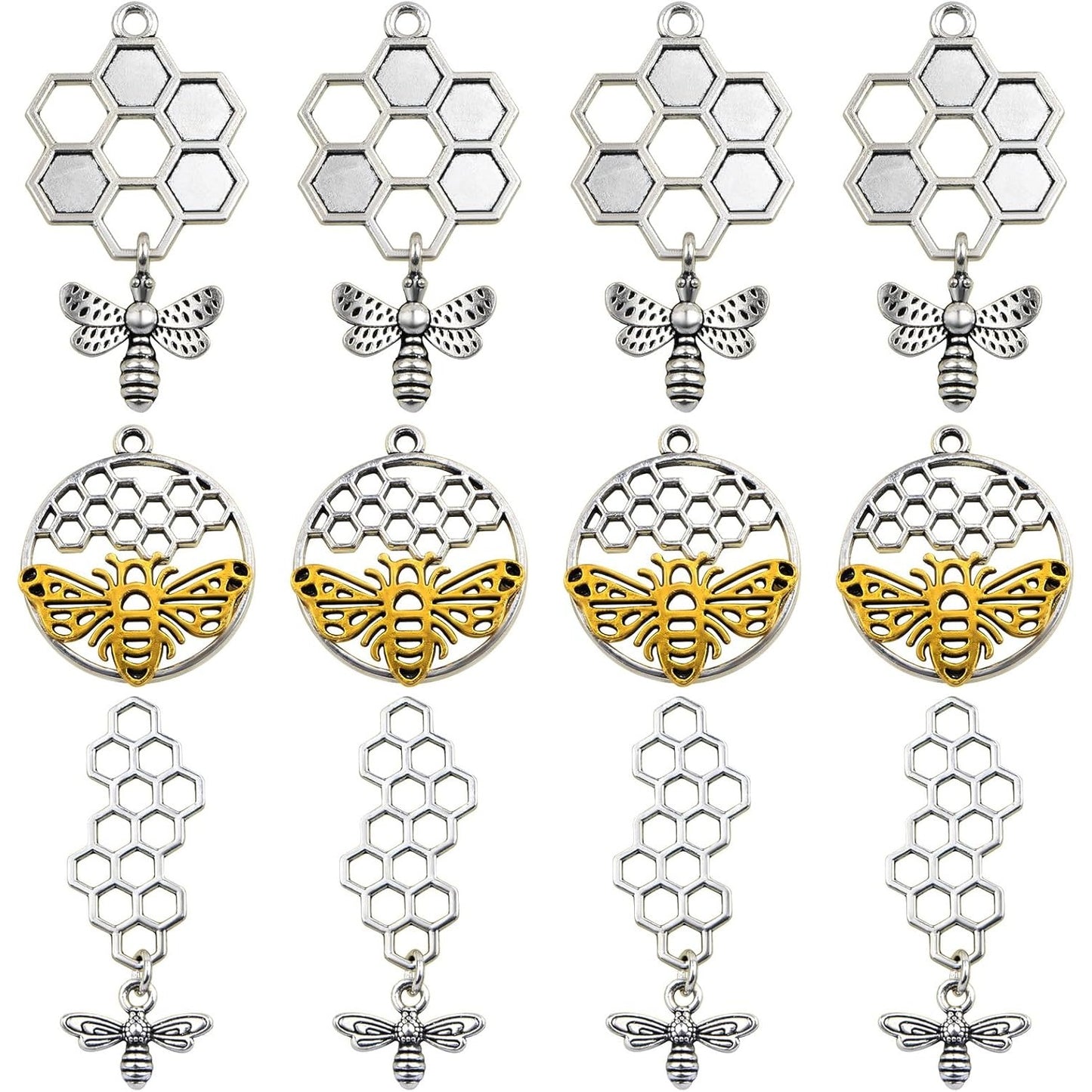 18pcs 3 Styles 3D Honey Comb Bee Charms Antique Silver Alloy Honeybee Honeycomb Pendants Hollow Flying Animal Dangle Charm Embellishments for DIY Bracelet Necklace Jewelry Making