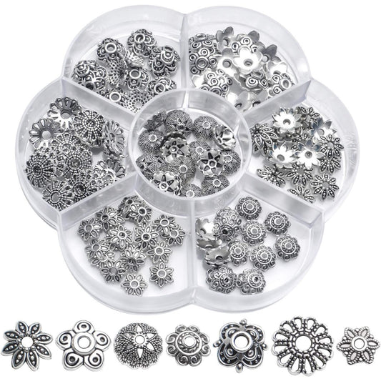 Silver Bead Caps,140pcs Tibetan Bead Caps Vintage Flower Beads Ends Loose Spacer Beads DIY Jewelry Findings for Crafts Making Bracelet Necklace Arts,7 Styles