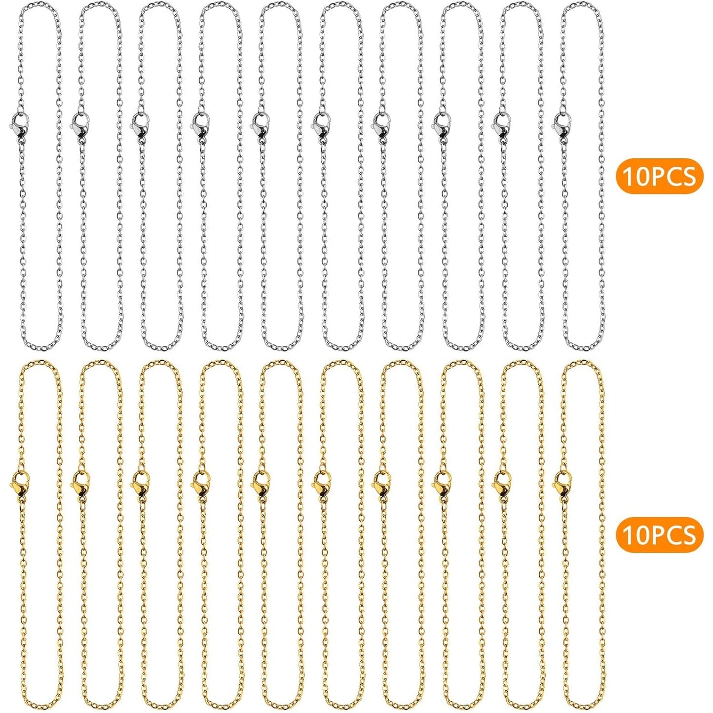 20pcs 450 mm Stainless Steel Necklace Chains Long Link Cable Chain Charms with Lobster Clasp 2 mm Thin Rope Chains for Women Men DIY Jewelry Making Projects, 2 Colors