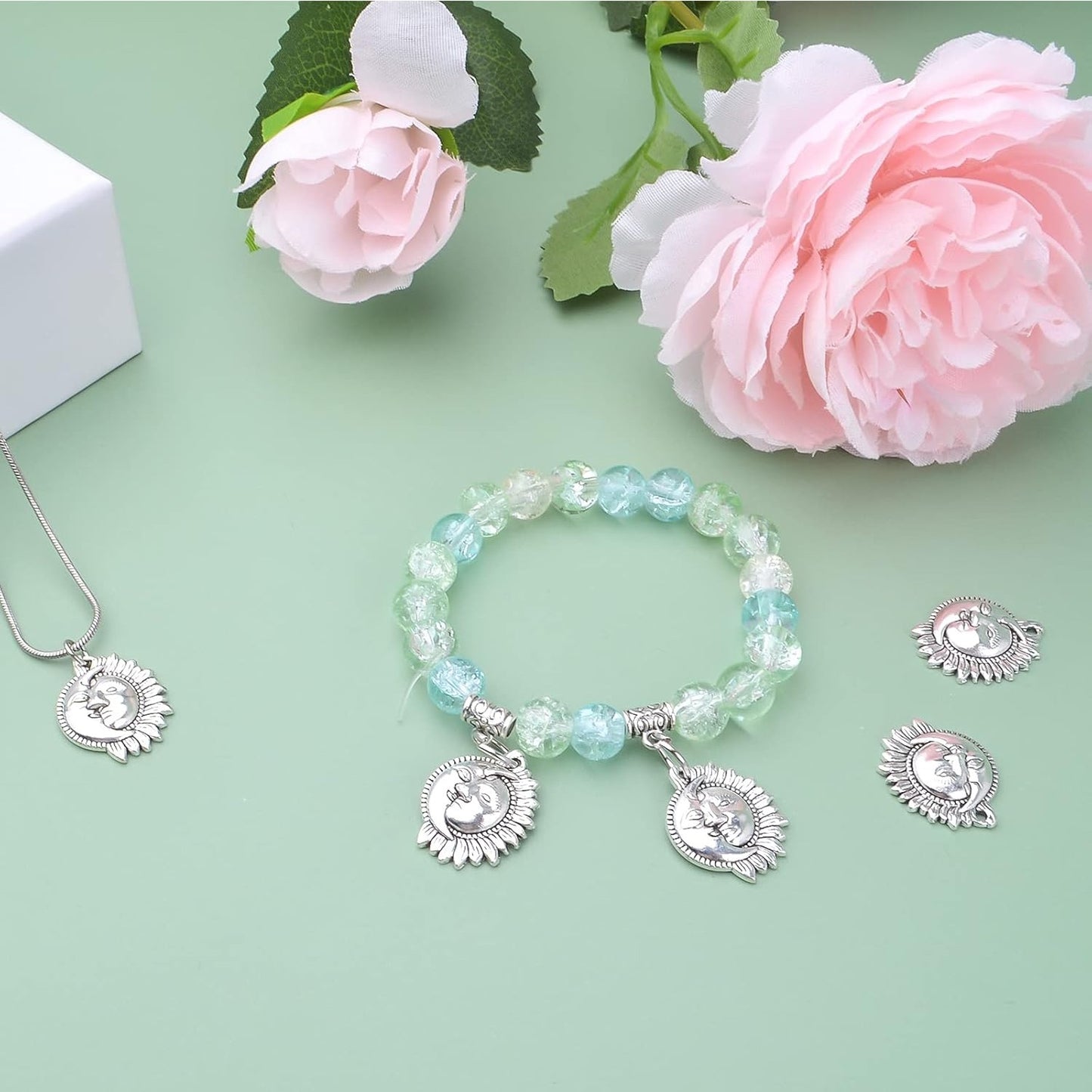 50pcs Sun and Moon Charms Pendants Alloy Sun Smile Celestial Craft Supplies for Necklace Bracelet DIY Jewelry Making Accessories