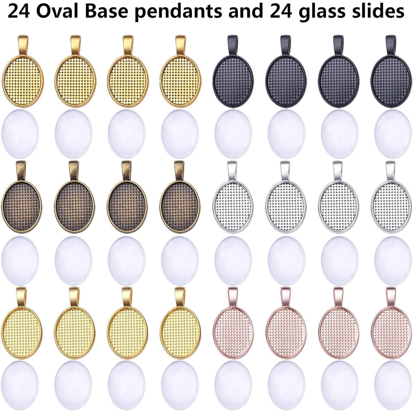 48pcs Bezel Pendant Blanks Set, 24pcs 6 Colors Oval Pendant Trays Bezel Blanks with 24pcs Glass Cabochons Clear Dome Tiles for DIY Bracelet Necklace Jewelry Crafts Making