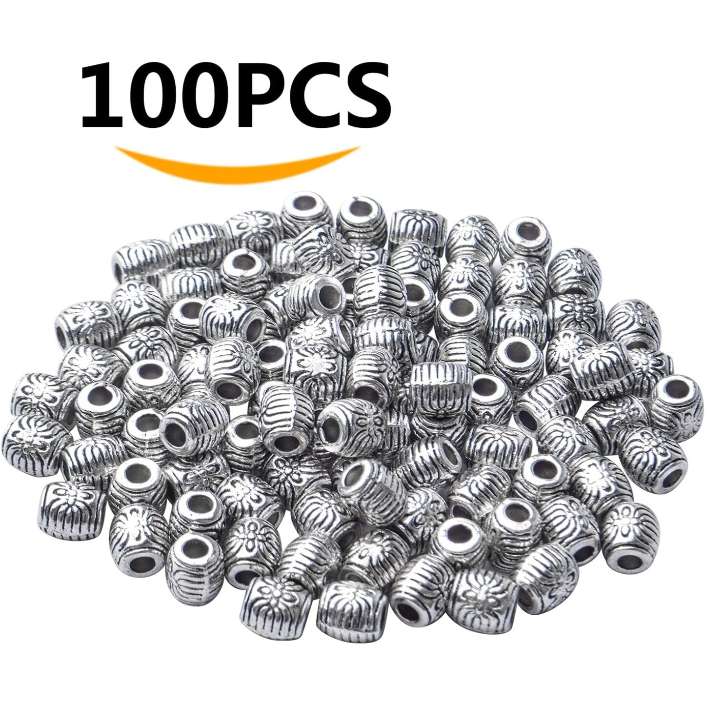100pcs Antique Silver Barrel Spacer Beads Alloy Tibetan Spacers Drum Beads Loose Beads Charm Beads Crafts Supplies for Jewelry DIY Bracelet Necklace Making