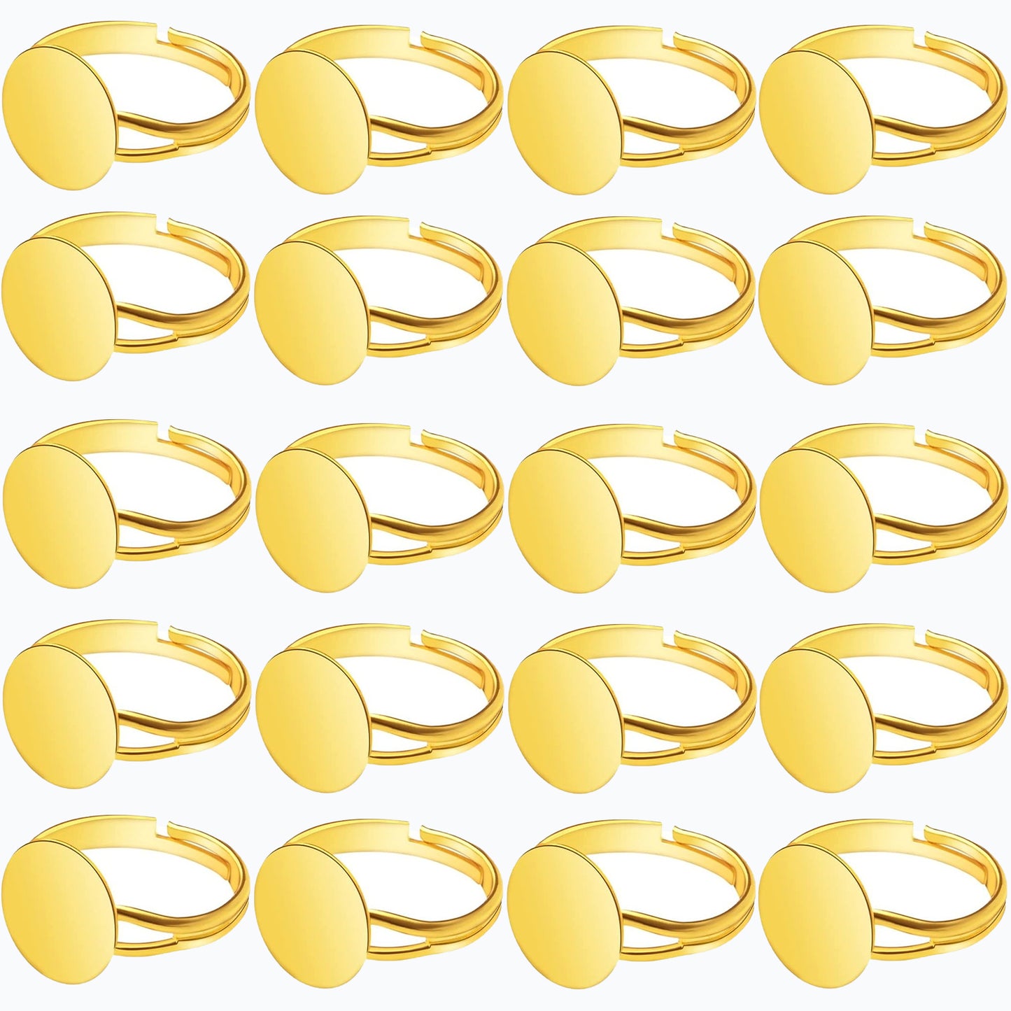 20 Pieces Metal Blank Rings Adjustable Finger Ring Flat 12mm Round Ring Base Blanks Jewelry Findings Components for Rings Making DIY Crafts, Golden, Silver