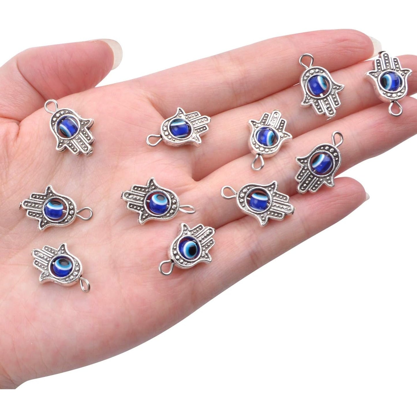 Hamsa Hand Beads Frame Charms,30 Pieces of Hamsa Evil Eye Pendant Hand of Fatima Symbol Charms Jewelry Making Findings for DIY Necklace Bracelet(Gold & Silver & Bronze)