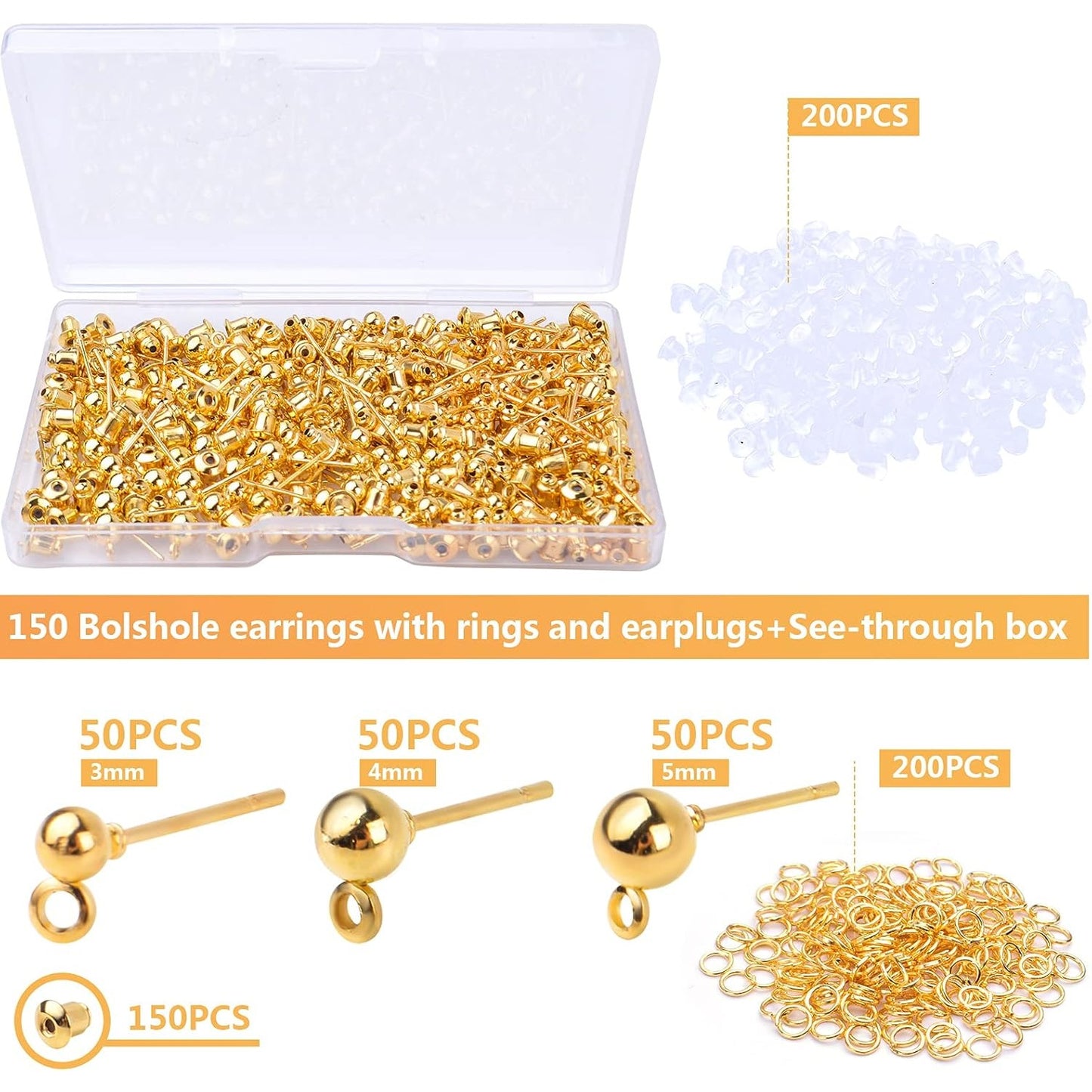Ball Post Earring Studs,150pcs Gold Earring Spherical Round Earrings Hypoallergenic Ear Pins and 350pcs Earring Safety Backs and 200pcs Jump Rings and 1pcs Box,3mm/4mm/5mm