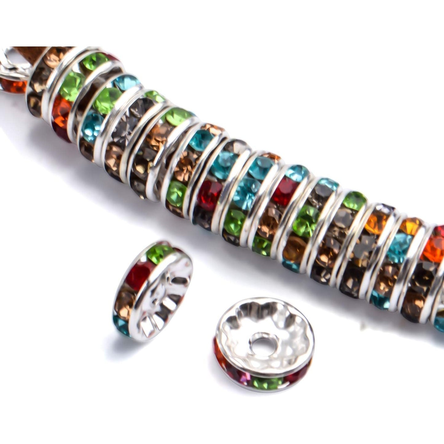 300pcs Multicolor Rhinestone Spacer Beads Mixed Crystal Rondelle Beads for Bracelets Necklaces Jewelry Making,6mm/8mm/10mm,Silver