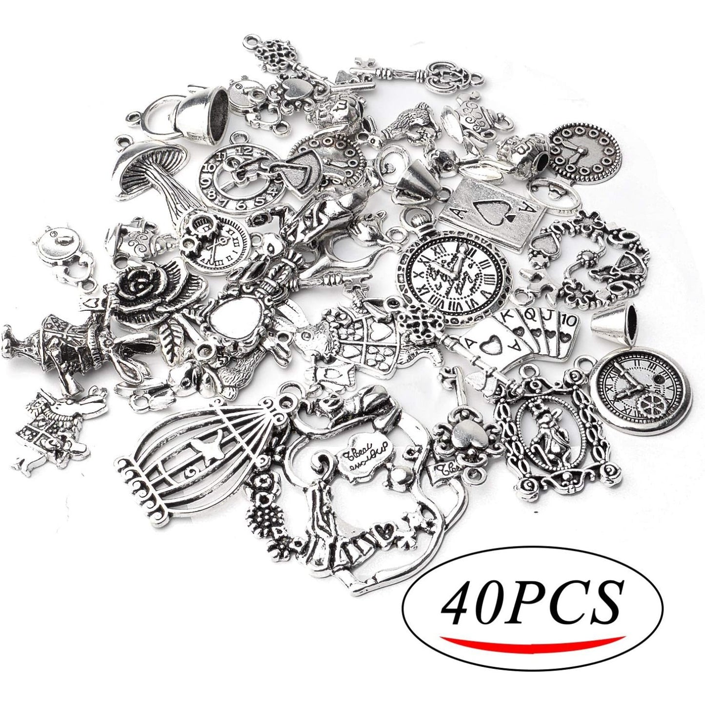 40pcs Antique Silver Alice in Wonderland Charm Alloy Tales Tea Party Steampunk Victorian Necklace Bracelet Charms Pendants for DIY Jewelry Making Crafts Supplies