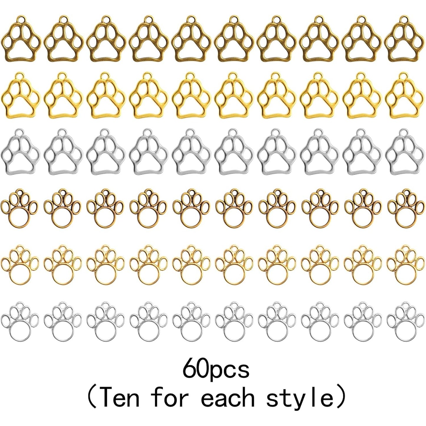 60pcs 2 Styles Animal Paw Print Pendant Charms Tibetan Alloy Bear Footprint Cat Paw Charms Craft Accessories for DIY Bracelet Earrings Jewelry Making Findings, 3 Colors