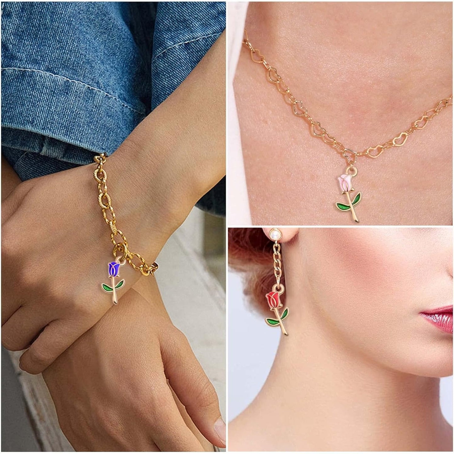 40 Pieces Enamel Rose Flower Pendant Charms Alloy Flower Dangle Pendants Craft Supplies for DIY Necklace Earrings Jewelry Making Valentine's Gifts, 4 Colors