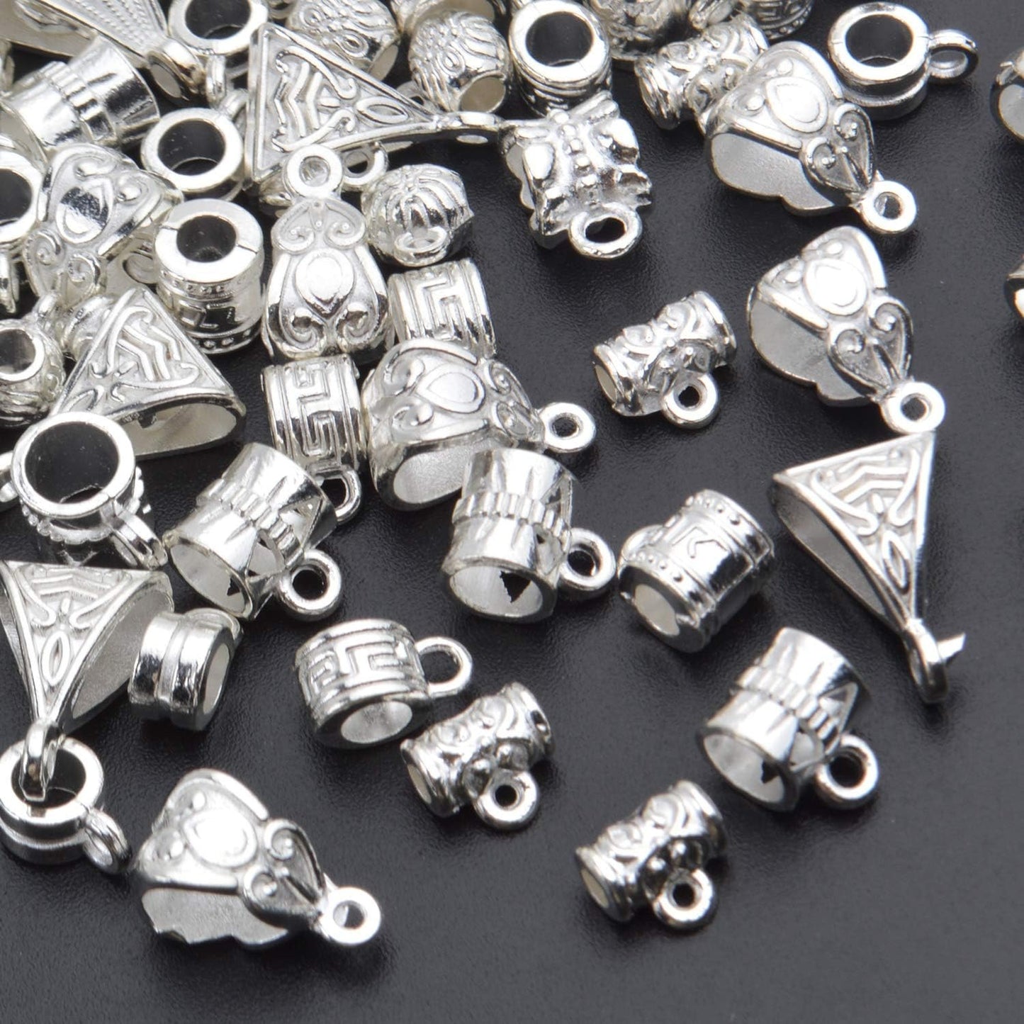 100g (About 120-170pcs) Mixed Bright Silver Bail Beads,Spacer Bead,Bail Tube Beads,Bracelet Charms,Necklace Pendants for Jewelry and Craft Making