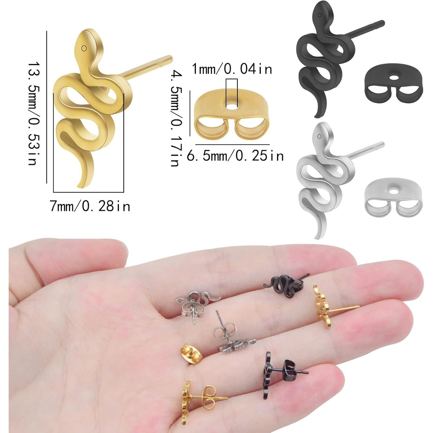 3 Pairs Stainless Steel Snake Shape Earring Studs Hypoallergenic Animal Snake Stud Dangle Earrings with Earring Backs for DIY Earrings Jewelry Making Supplies, 3 Colors