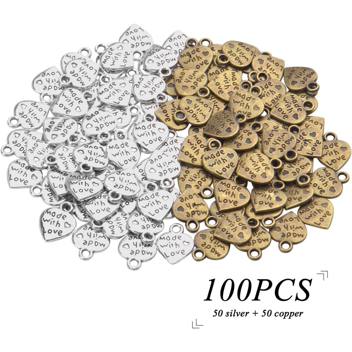 100pcs Peach Heart Shape MADE WITH LOVE Charm pendant for DIY Crafting jewelry Making(Antique Silver and Bronze)
