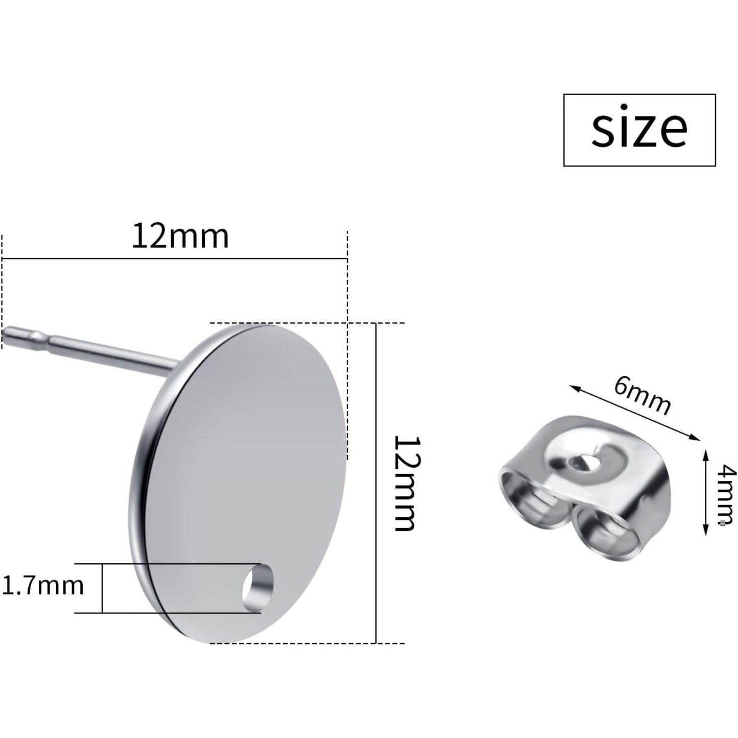 12mm Stud Earring Findings, 20pcs Stainless Steel Round Earring Studs Blank Earring Post with Loop and 20pcs Butterfly Earring Backs for Earring Making