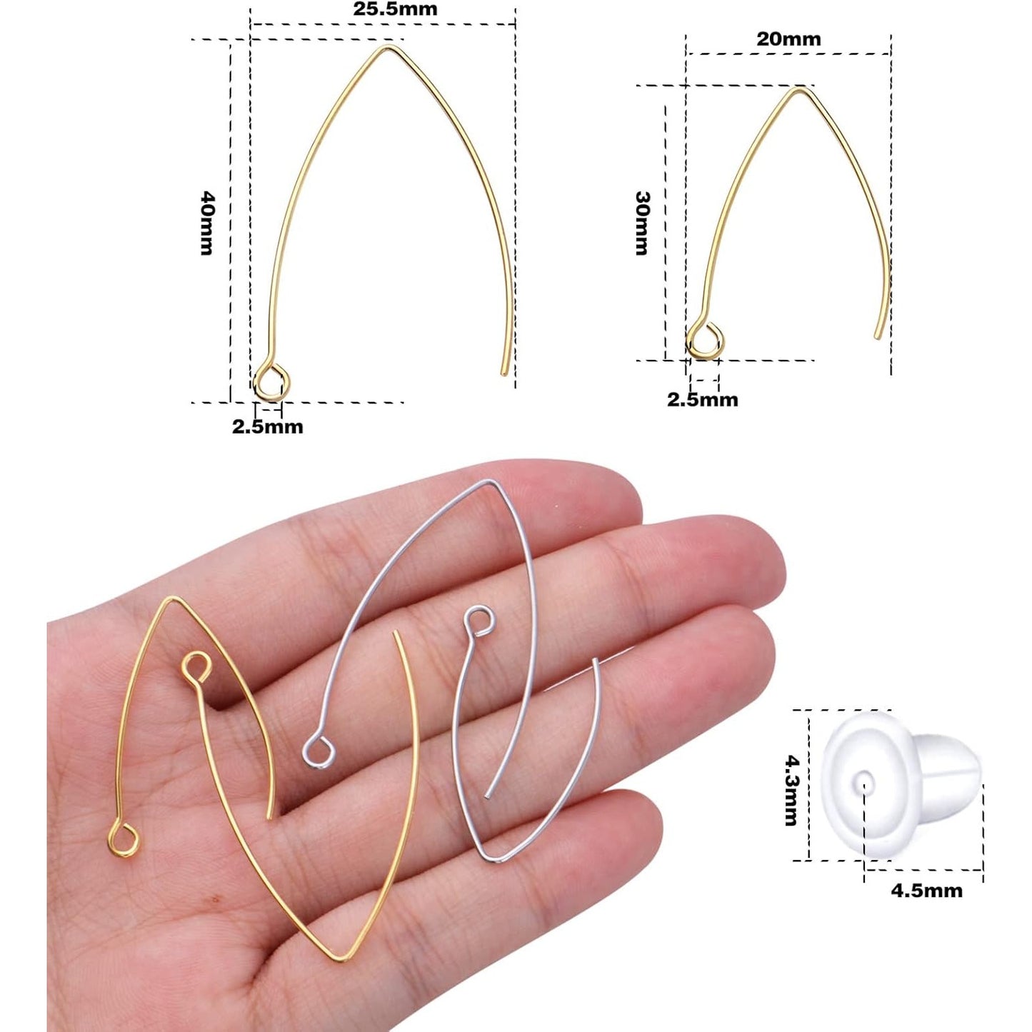 40pcs Stainless Steel V-shape Earring Hooks & 40pcs Clear Silicone Bullet Earring Backs, DIY Jewelry Making Kit, 2 Colors (Golden, Steel), 2 Sizes