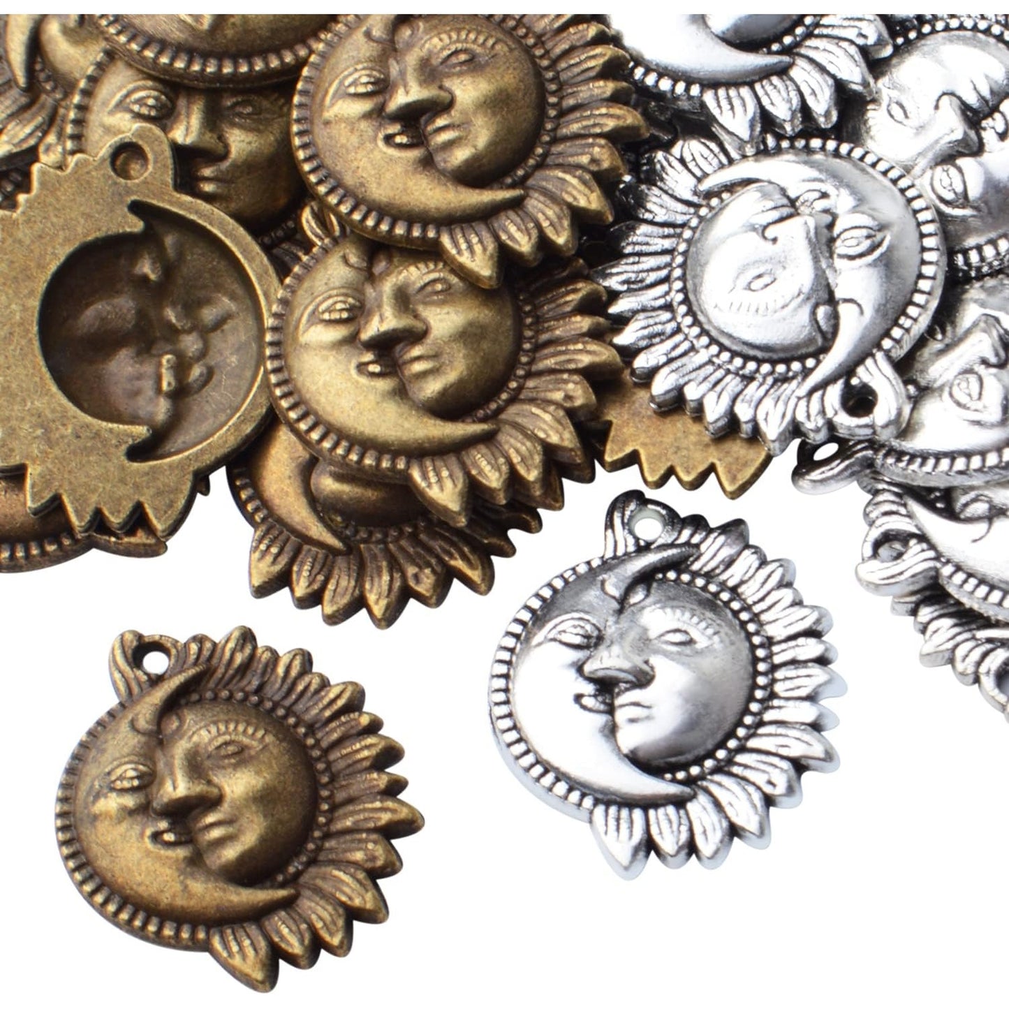 50pcs Sun and Moon Charms Pendants Alloy Sun Smile Celestial Craft Supplies for Necklace Bracelet DIY Jewelry Making Accessories