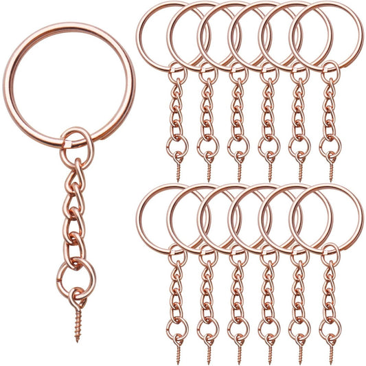 50pcs 25mm Split Key Ring with Extend Chain and 12mm Screw Eye Pin for Craft Charm Making,Rose Gold