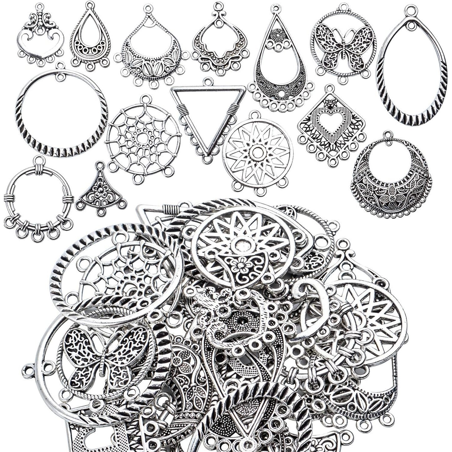 30 Pieces Antique Silver Chandelier Earrings Earring Component Connector Charms Jewelry Making for Earring Drop and Charm Pendant, 15 Styles