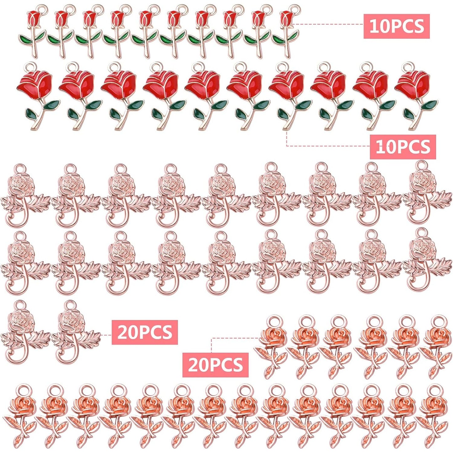 30pcs Enamel Rose Flower Charm Pendants Lovely Dangle Charms for Valentine's Day DIY Bracelet Necklace Earrings Jewelry Making, Red