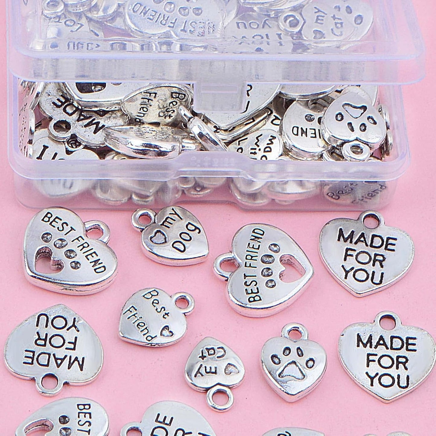 80pcs Mini Heart Shape Word Charms Alloy Engraved with Various Message Word Dangle Pendants with a Box for DIY Bracelet Necklace Jewelry Making Gift, Antique Silver