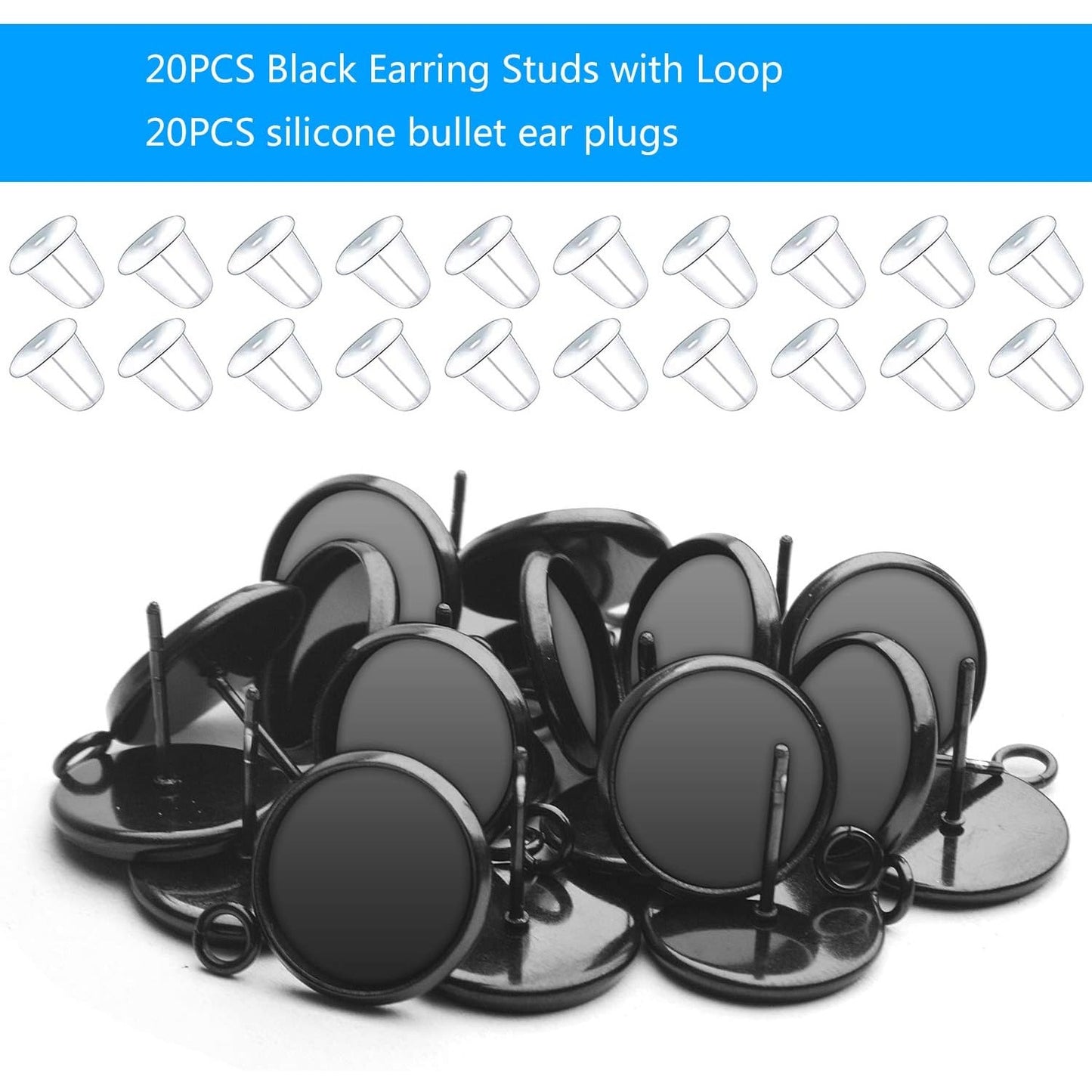 Earring Studs Posts, 20Pcs Earring Studs with Loop Stainless Steel Cabochon Setting Round Earrings Posts Tray Base and 20Pcs Black Earring Backs for Earring Making(Fit for 12mm)