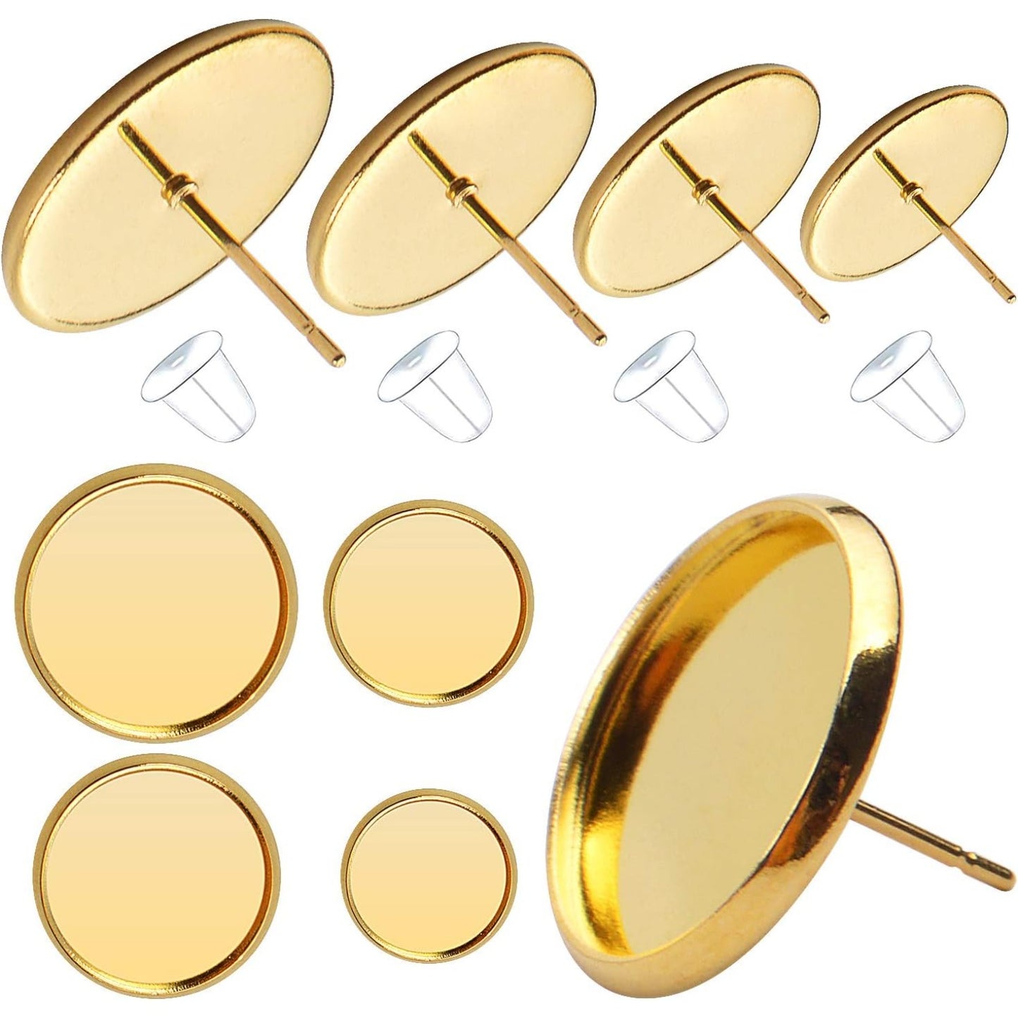 40pcs 4 Size(8mm/10mm/12mm/14mm) Earring Cabochon Setting Post Tray Round Stainless Steel Stud Earring and 40pcs Bullet Earring Backs for DIY Jewelry Making,Gold