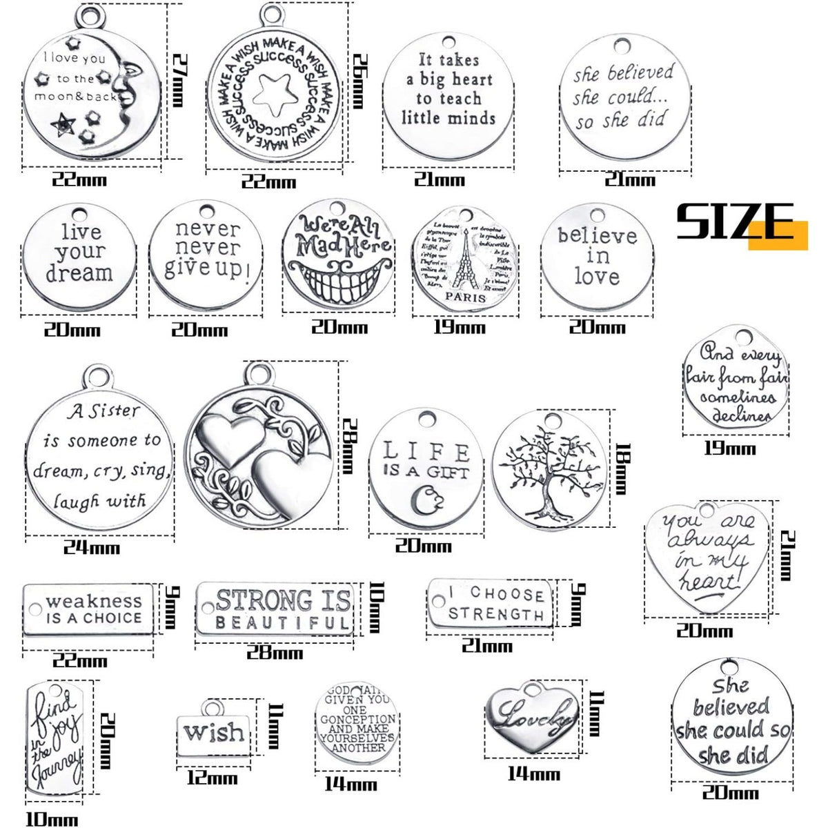 Words Pendant Charms, 46pcs Inspirational Words Charms Alloy Message Bead Pendants Accessory for DIY Necklace Bracelet Jewelry Making Crafting, Antique Golden and Silver
