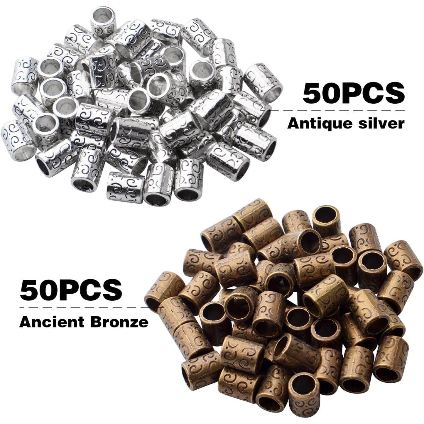Large Hole Spacer Beads, 100pcs Column Alloy Tube Loose Beads, Silver/Bronze, Cylindrical, 10mm x 8mm, 5.6mm Hole, DIY Jewelry Craft Making