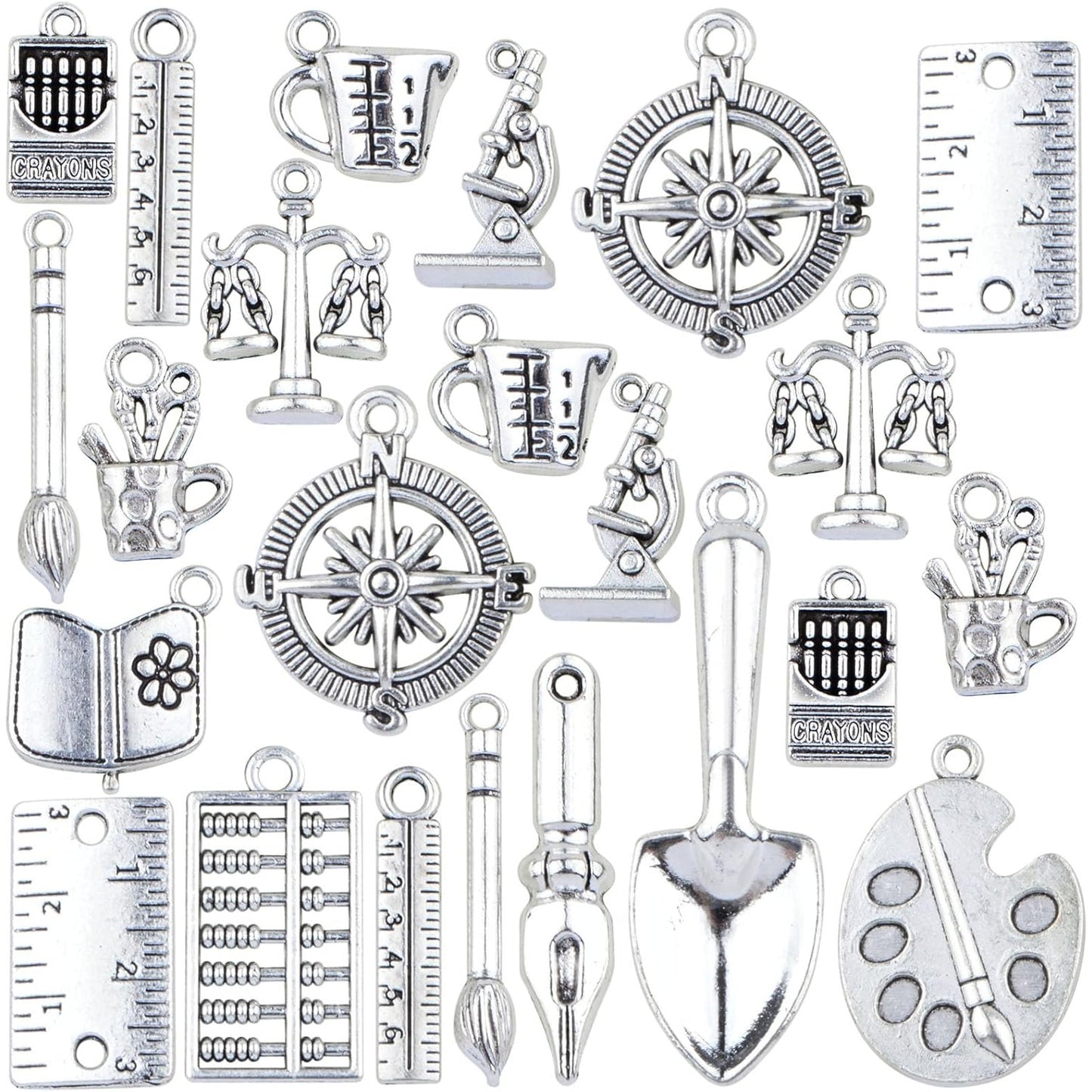 42pcs Antique Silver School Theme Charms Tibetan Alloy Mixed Ruler Writing Brush Pen Abacus Compasses Pendants Study Supplies for DIY Crafts Jewelry Making, 14 Styles