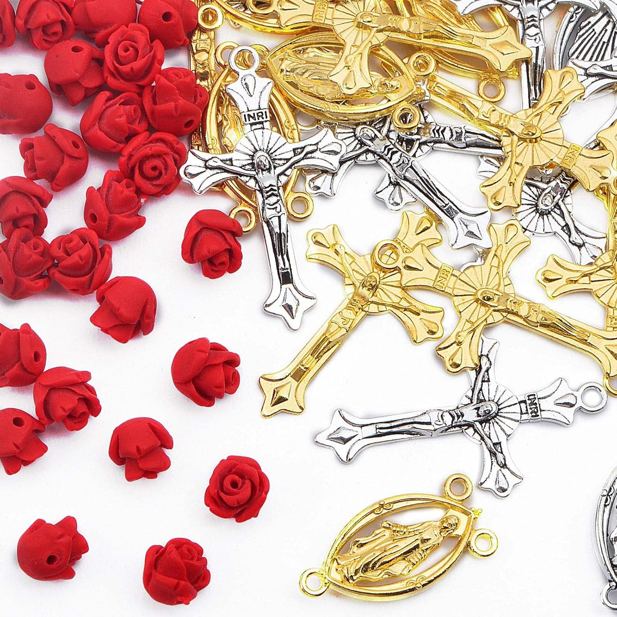 100pcs Rosary Cross and Center Charms 8mm Cinnabar Carved Red Rose Flower Beads Crucifix Cross Centerpiece Jesus Maria Medal Pendant Kit for Rosary Bracelet Necklace Jewelry Making