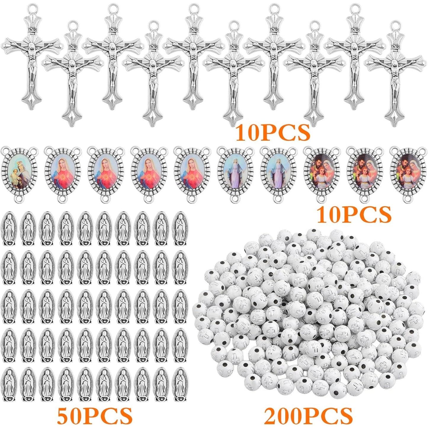 10pcs Religious Cross Charms, 10pcs Oval Virgin Mary Figure Pendant Links, 200pcs Silver White Cross Spacer Beads, 50pcs Silver Rosary Holy Beads for DIY Necklace Bracelet Jewelry Making