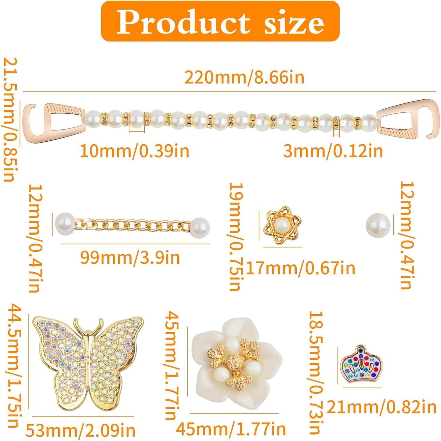 1 Pack of Mixed Bling Shoe Charms Pearl Chain Buckle Flower Butterfly Ornaments and 1 Pair of Pearls Shoe Chains, Clog Slippers Shoes Decorations for Women Party Birthday Gifts