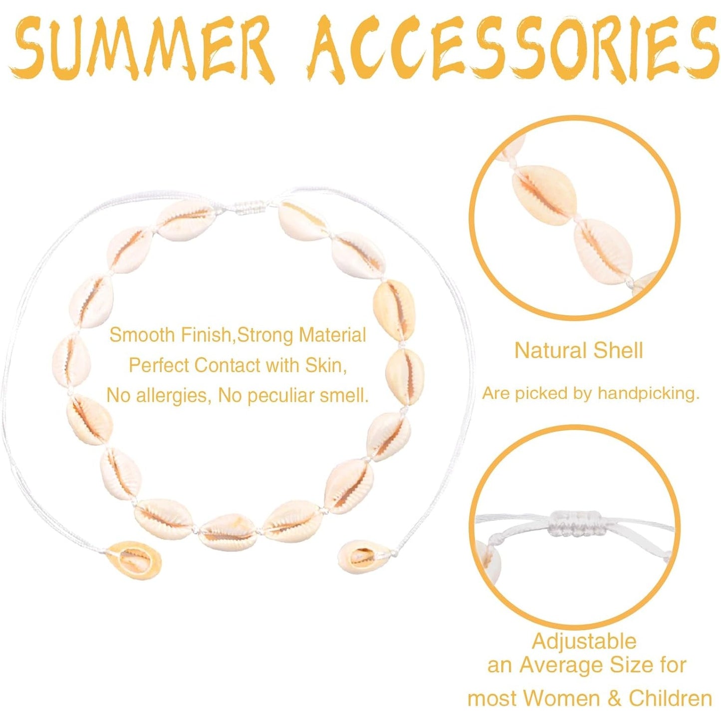 Sea Shell Necklace Bracelet Set, Handmade Adjustable Natural Shell Bracelets Summer Boho Hawaii Braided Rope Beach Conch Seashell Choker Collars for Women Lady Jewelry Gift