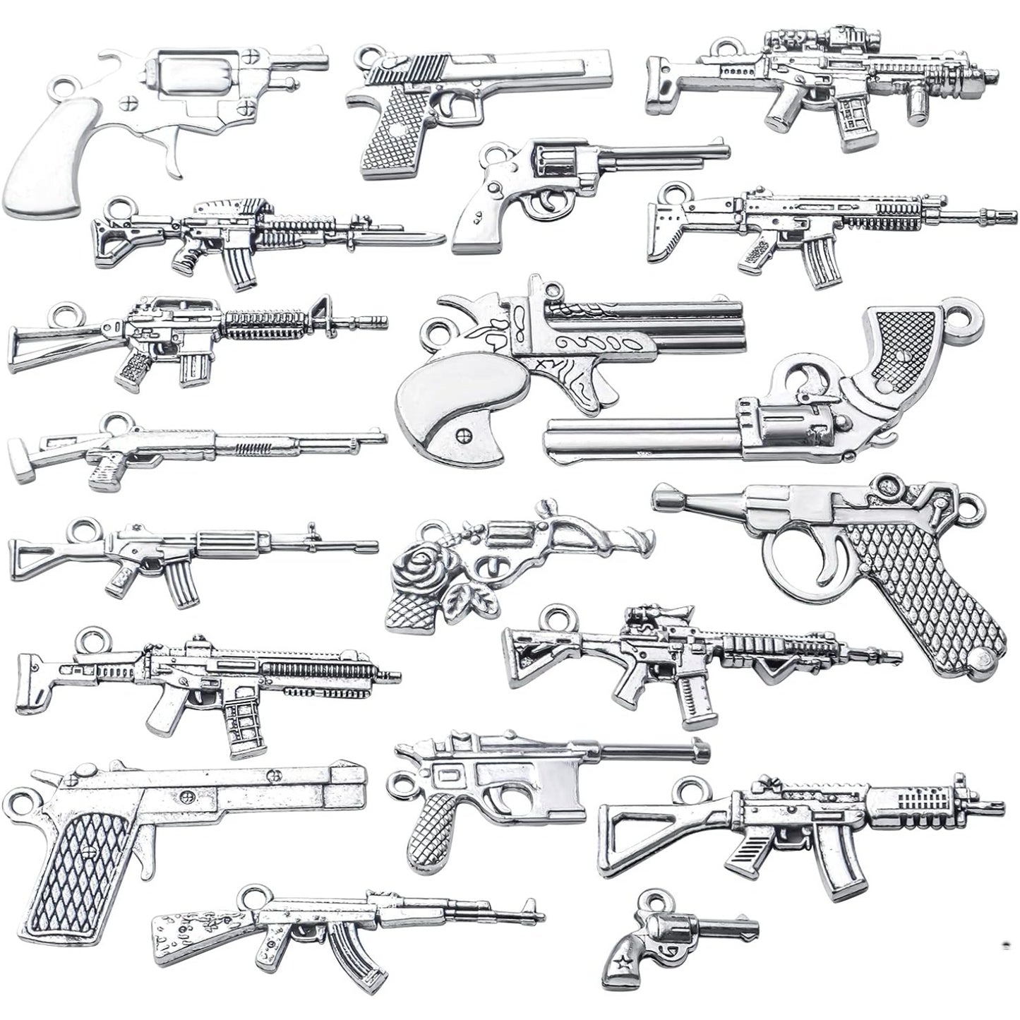 20pcs Antique Silver Plated Mixed Pistol Revolver Submachine Gun Charms Alloy Weapon Charms Pendants DIY for Necklace Bracelet Jewelry Making Accessory