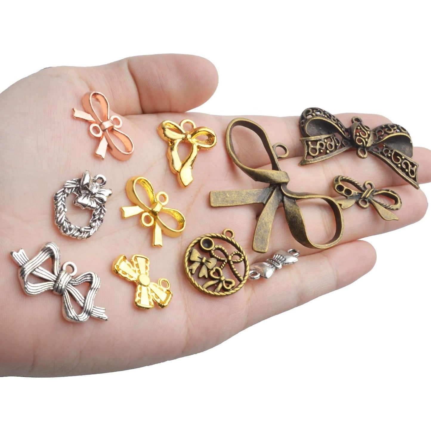Bow Pendant Charms, 100 Gram(About 50-80pcs) Alloy Bow Tie Pendant Mixed Bow Pendant Handmade Bowknot Charms Crafts for Bracelet Necklace Jewelry Making, 10-70mm