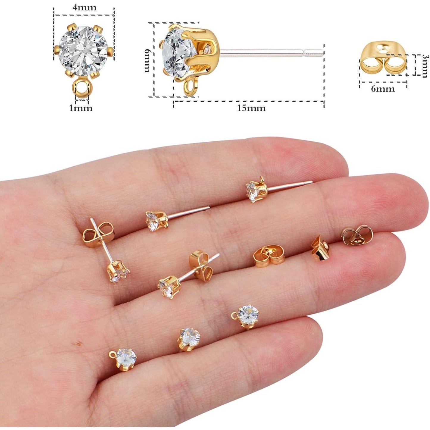 40pcs Rhinestone Earring Posts with Loop Hypoallergenic Cubic Zirconia Earring Studs and 40pcs Earring Safety Backs for DIY Jewelry Making Craft Decor, KC Golden